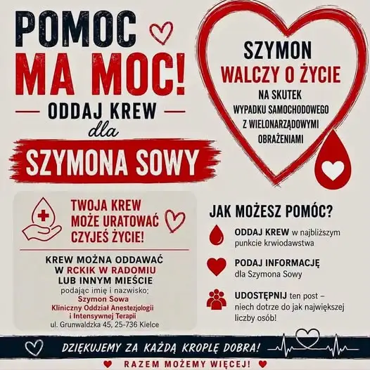 24-letni Szymon z Makowca potrzebuje krwi po wypadku samochodowym