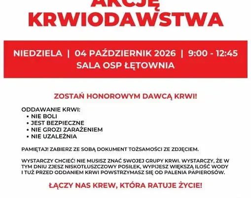Akcja krwiodawstwa w Łętowni – OSP zaprasza 4 października