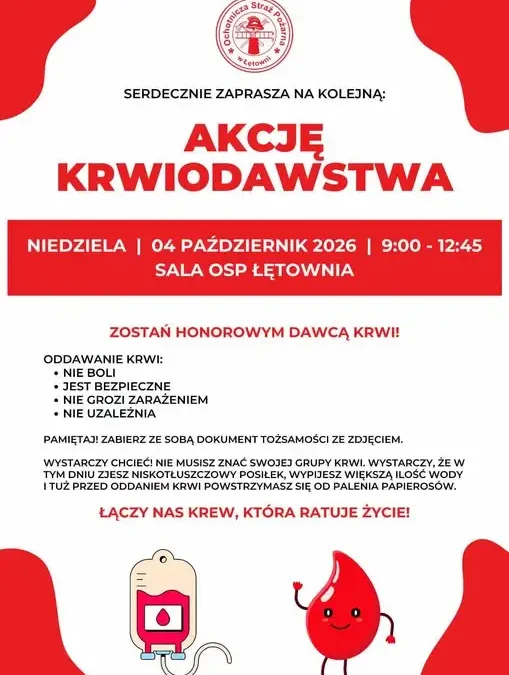 Akcja krwiodawstwa w Łętowni – OSP zaprasza 4 października