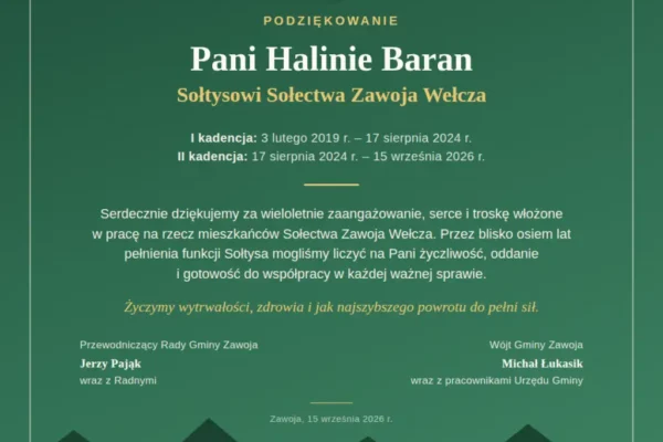 Halina Baran rezygnuje z funkcji sołtysa sołectwa Zawoja Wełcza